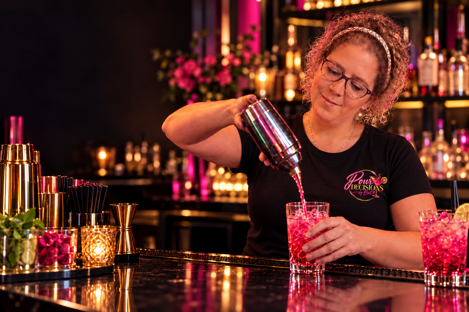 Brittany pouring a pink cocktail, wearing a black Pour Decisions by Brit logo tee.